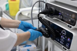 Medical equipment for stomach examination, fibrogastroduodenoscopy. The nurse prepares the equipment