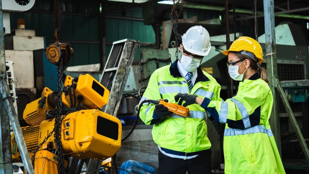 Industrial engineer in suite and safety helmet working in factory, planning and training
